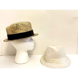 Lot 2 Retro 7 Braided Tan & Black Straw Hat & White Fedora Crease Polyester Sz L